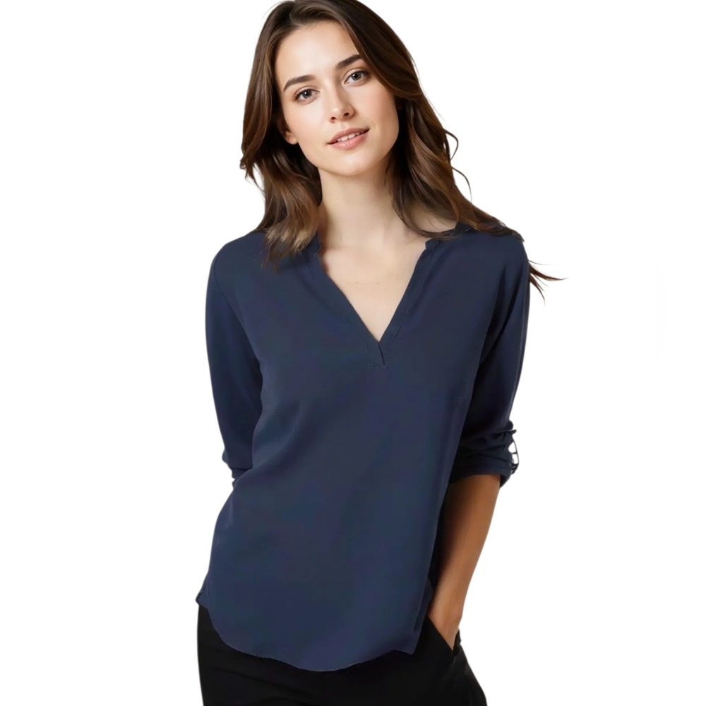 KISMET Small Flowy Blue Blouse Womens V-Neck Button Up Sleeve